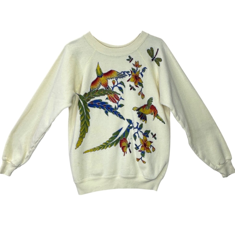 Vintage Hanes Her Way Sweatshirt L‎ Yellow Tropical Bird Butterfly Glitter USA